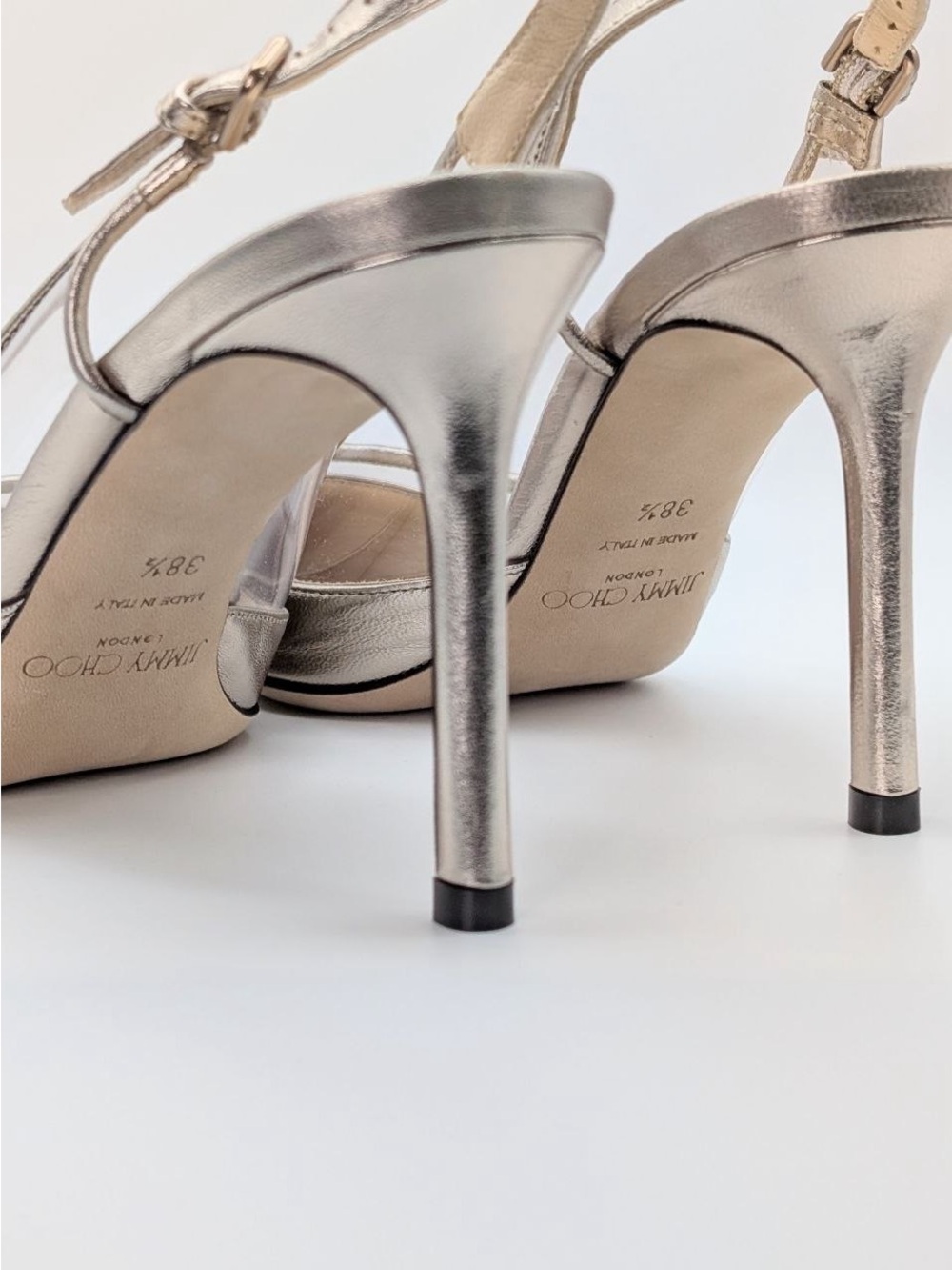 New w/ BoxJimmy Choo “Erin 85” Platinum Leather Slingback Heels Authentic 38.5 - Picture 7 of 16
